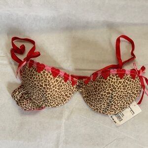 Clearance: NWT Wired Leopard Print Bra with Red and Pink Heart Accents